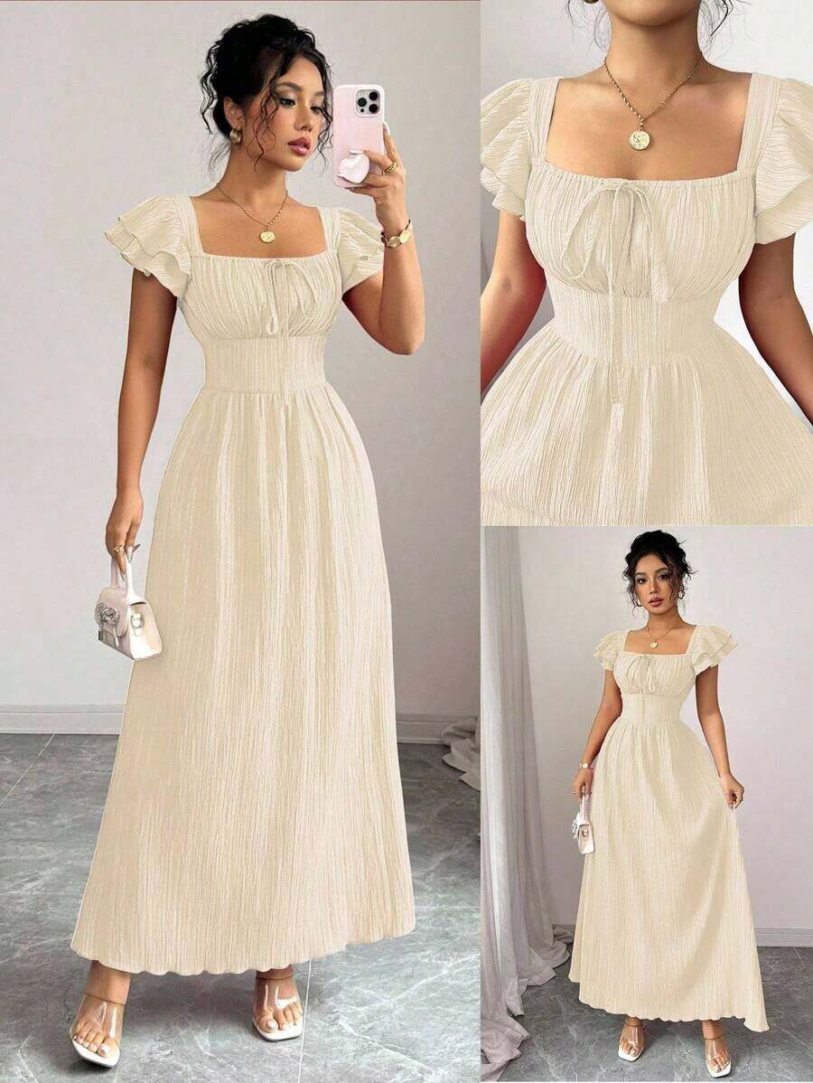Nuevo vestido elegante para mujer con cuello cuadrado, mangas con volantes en capas, lazo en la parte delantera, diseño de lazada en la espalda, cintura entallada, diseño estilizante y de moda para jóvenes - Albaricoque - Ver 1