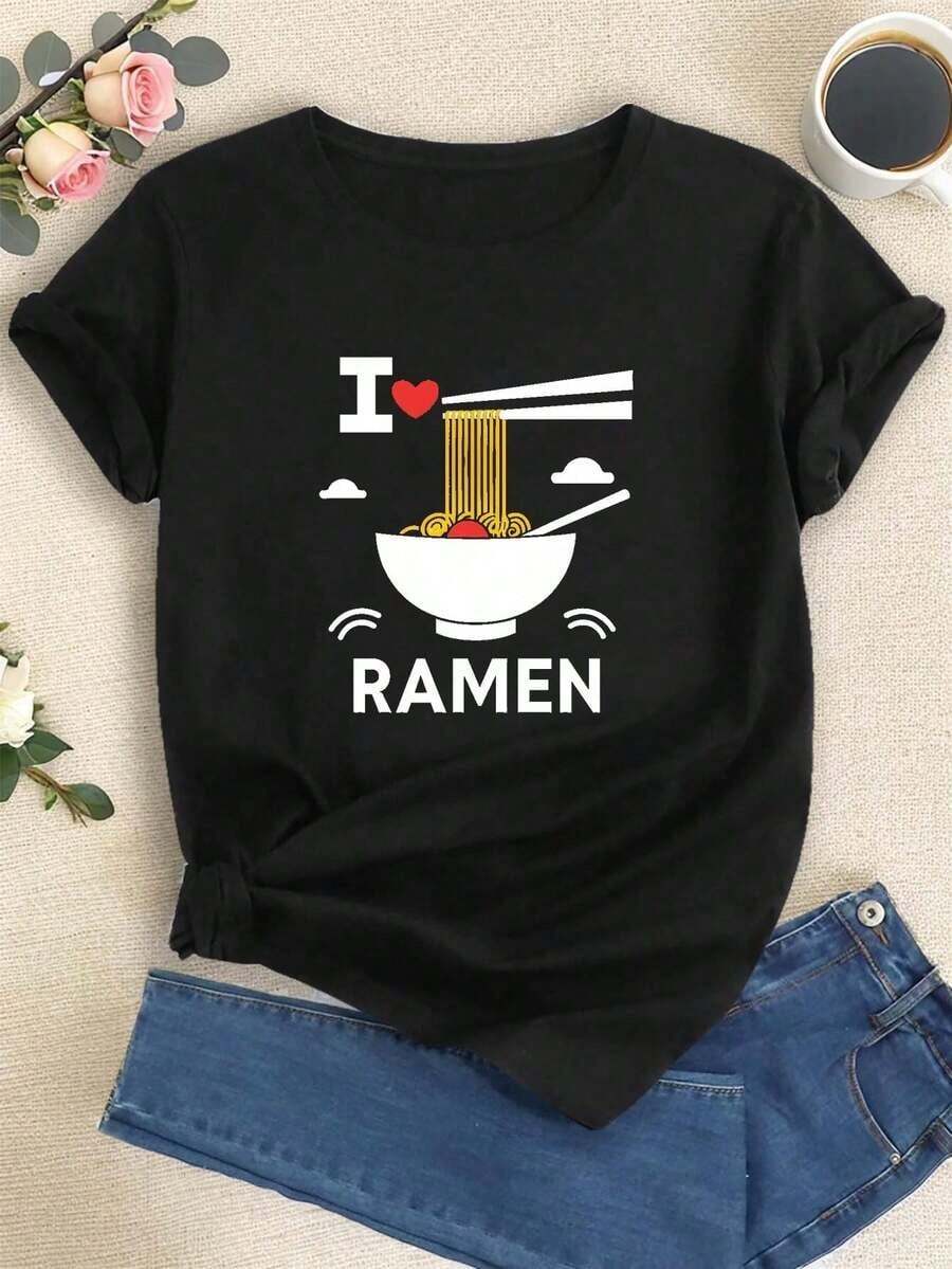 Fashion Printed T-Shirts For Women, Oversized Streetwear Tops, Comfortable And Stylish All-Match Summer Tees. Ramen Chopstick Print T-Shirt, Short Sleeve, Round Neck, Casual Style For Summer And Spring, Women's Clothing. - 黑色 - 查看 1