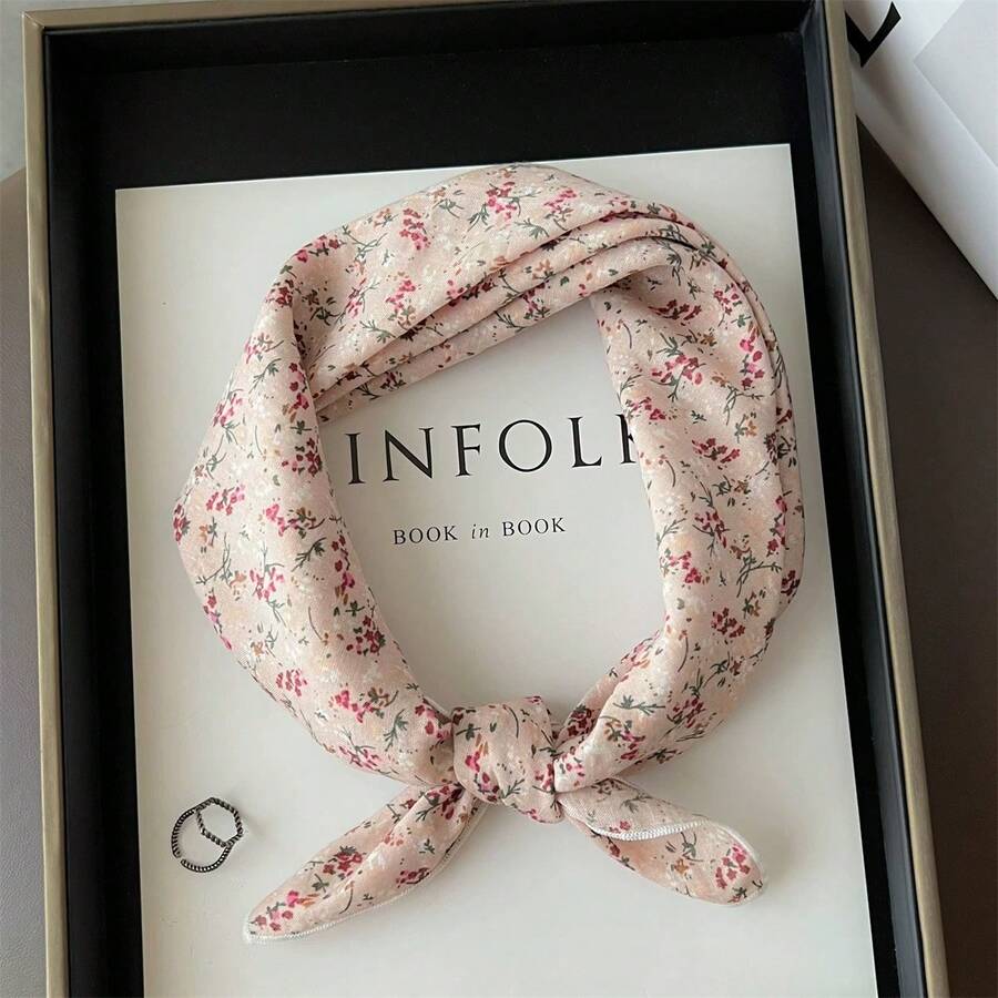 1pc Ditsy Floral Silk Scarf, Versatile Cartoon Headscarf, Fashion Neck Warmer Scarf For Women - Coral Pink - View 1