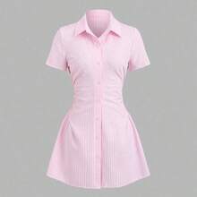 Sweetro Sweet & Fresh Pink Short Sleeve Shirt Dress, Waist Cinched Slimming Stylish Blouse Dress For Summer - Azul Marino - Ver 2