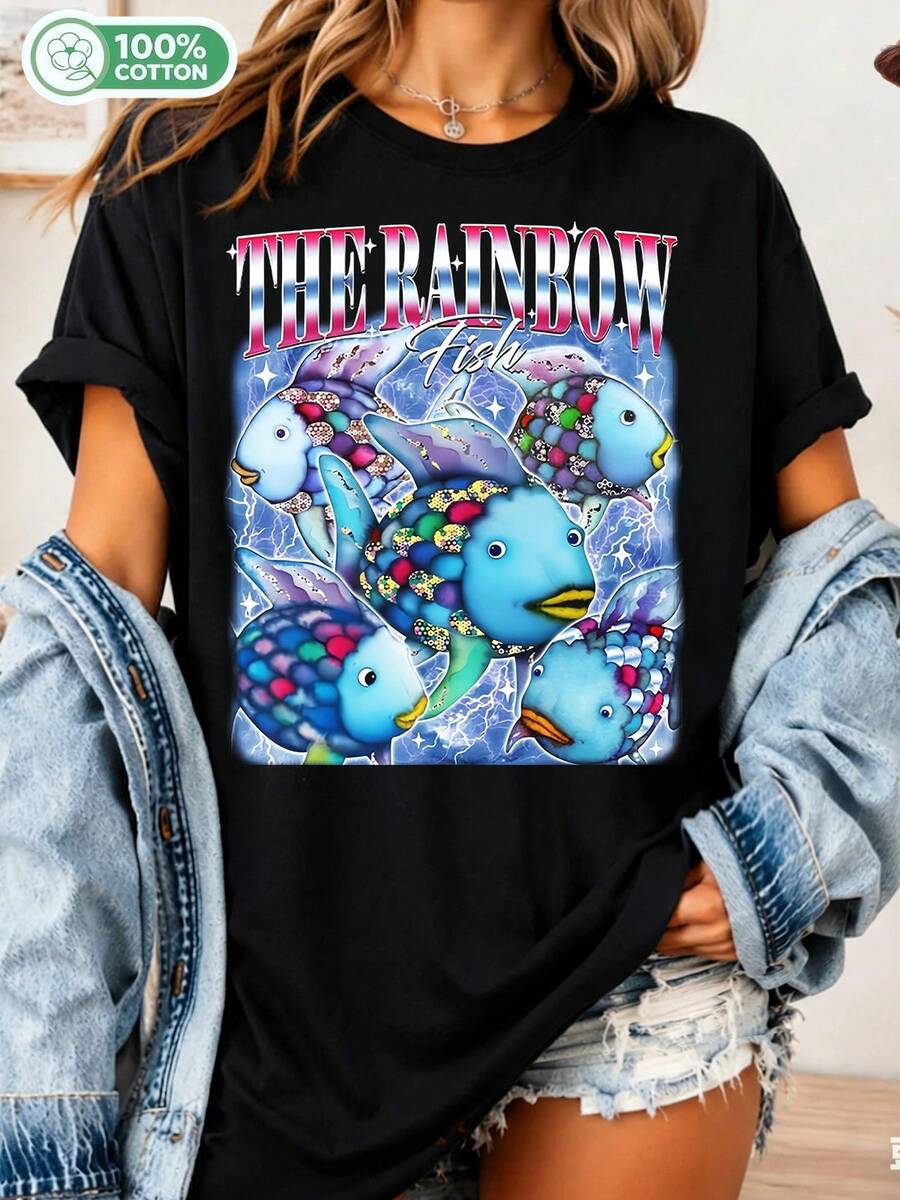 "Rainbow Fish Bootleg" T-Shirt, "Be Kind Rainbow Fish" T-Shirt, "Teacher Life" T-Shirt, Back To School Gift, "Rainbow Scale Fish" T-Shirt - Black - View 1