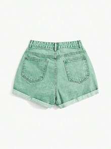 Pantalones cortos de mezclilla casuales y versátiles con bolsillos y efecto desgastado de unicolor - Verde - Ver 2