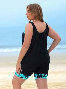 Swim Lushoire Conjunto de tankini de talla grande con estampado de árboles de coco y patchwork para la playa y vacaciones de verano - Negro 2 - Ver 2