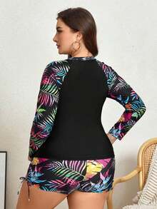 Swim Lushoire Traje de baño tankini de talla grande con estampado de plantas tropicales, elegante y deportivo, de corte holgado, para vacaciones de verano y playa - Multicolor - Ver 2