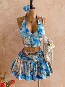 Conjunto de 2 piezas de top sin mangas ajustado con cuello en V y falda mini de doble capa acampanada en color beige texturizado, atuendo de resort - Azul 2 - Ver 10