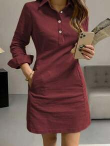 Vestido corto elegante de mujer con manga larga, estilo de moda casual con solapa y decoración de botones, para primavera y otoño - Rojo violeta - Ver 5