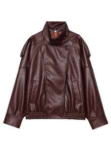 Chaqueta de cuero sintético Abrigo de invierno para mujer con cremallera Atuendos de otoño para mujer Tops de manga larga Prendas exteriores Chaqueta bomber de mujer Abrigo con cremallera Ropa de calle de otoño Chaqueta de carreras Parte superior - Color caoba - Ver 4