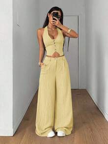Conjunto de 2 piezas de chaleco y pantalones de unicolor de streetwear para mujer, para verano - Amarillo - Ver 1