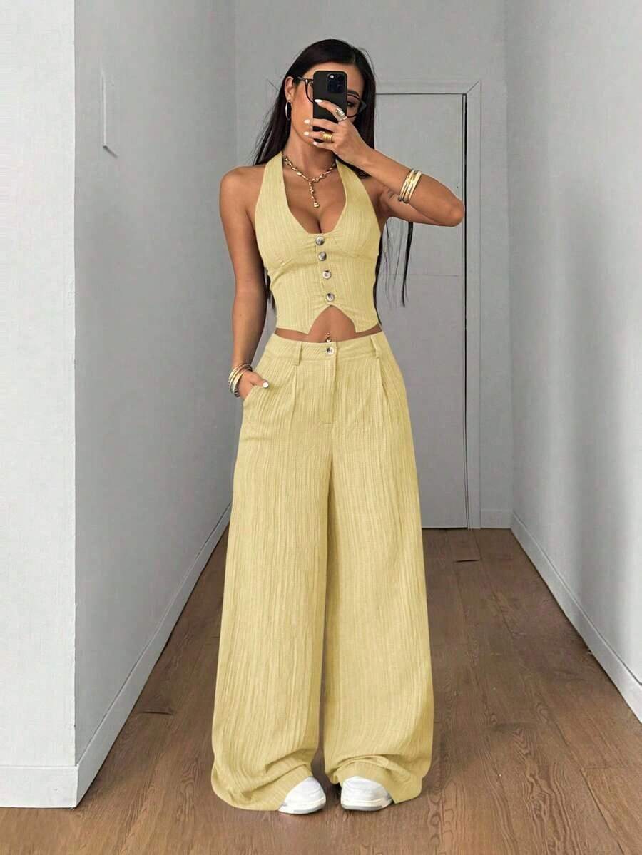Conjunto de 2 piezas de chaleco y pantalones de unicolor de streetwear para mujer, para verano - Amarillo - Ver 1