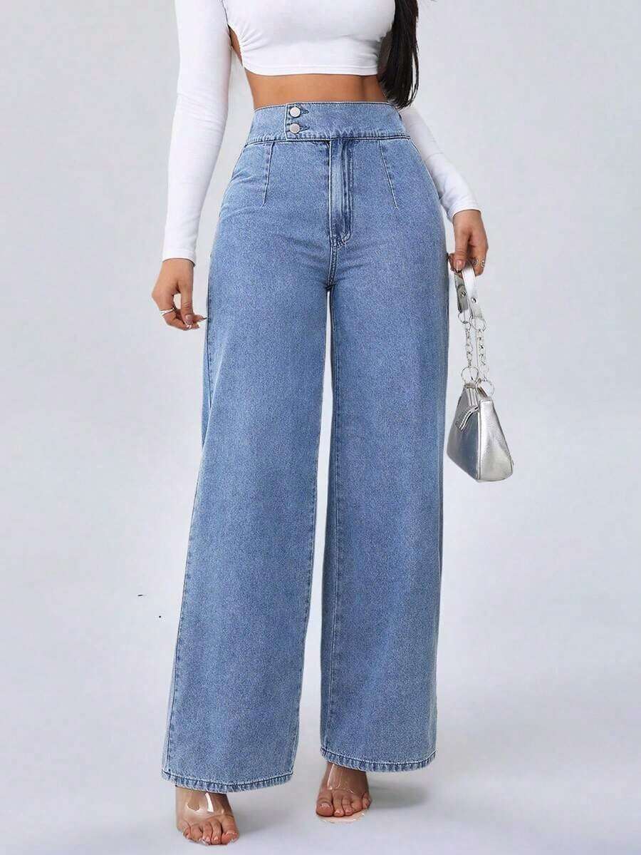 Tall Pantalones vaqueros para mujer de cintura alta, estilo casual, pierna ancha y recta, color azul, para mujeres de estatura alta - Azul lavado medio 2 - Ver 1