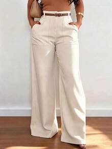 casuales de pierna recta y cintura alta de moda para mujer, color blanco, para primavera - Albaricoque - Ver 2