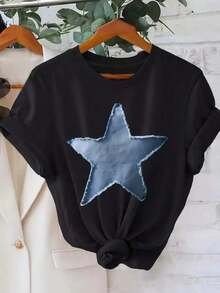 Graphic New Women's Crew Neck T-Shirt, Short Sleeve, Loose Fit, Casual And Versatile With Star Print, Soft Fabric And Good Drape. Summer Top Crew Neck - 黑色 - 查看 8