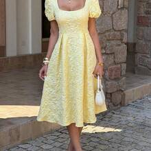 Women's Spring/Summer Elegant Square Neck Petal Sleeve Floral Textured Waist Cinched Flare Hem Midi Dress, Suitable For Vacation, Wedding, Party - Rosa - Ver 9