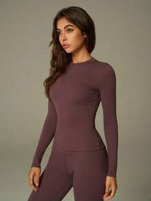 UONNOU Setelan Yoga 2 Potong Slim Fit yang Nyaman | Atasan Lengan Panjang + Legging Pinggang Tinggi Cocok untuk Aktivitas Sehari-hari - Purple - View 6
