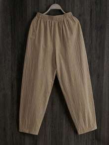 LUMIGAL Pantalones casuales sueltos de cintura elástica para mujer con forma cónica y bolsillos de unicolor - Caqui - Ver 2