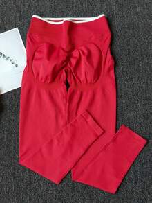 女士健身瑜伽紧身裤提臀瑜伽无缝运动服弹力高腰运动健身紧身裤 - 紅色 - 查看 9