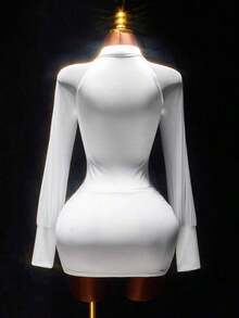 Vestido mini ajustado con cuello en V blanco, cintura ceñida, para mujer, estilo romántico de primavera - Gris - Ver 4