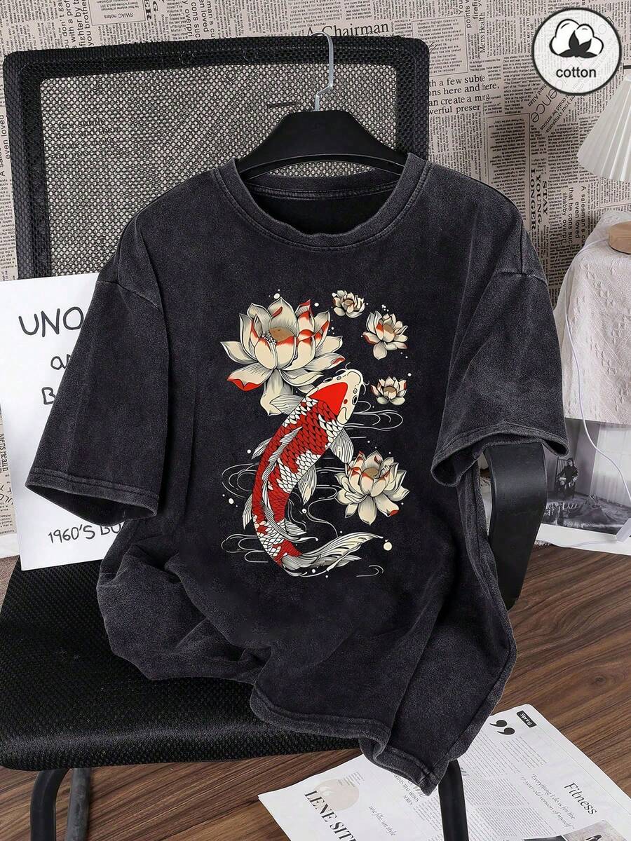 大尺碼女款夏季新款日式錦鯉魚與蓮花復古印花T恤,休閒舒適圓領短袖上衣,清新春夏,適合日常休閒、沙灘與戶外活動,黑色 - 黑色 - 查看 1