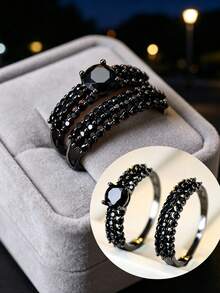 1 Set Vintage Schwarzer Zirkonia Ring Set, Retro Punk Stil zarte Accessoires - JZ4170 - Übersicht 3