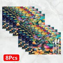 1件/4件/6件装蝴蝶图案亚麻餐垫，适用于餐桌，四季皆宜，现代可水洗餐垫，房间装饰，杯垫，厨房餐垫，室内外派对装饰，家居装饰，理想礼品 - 彩色 - 查看 16