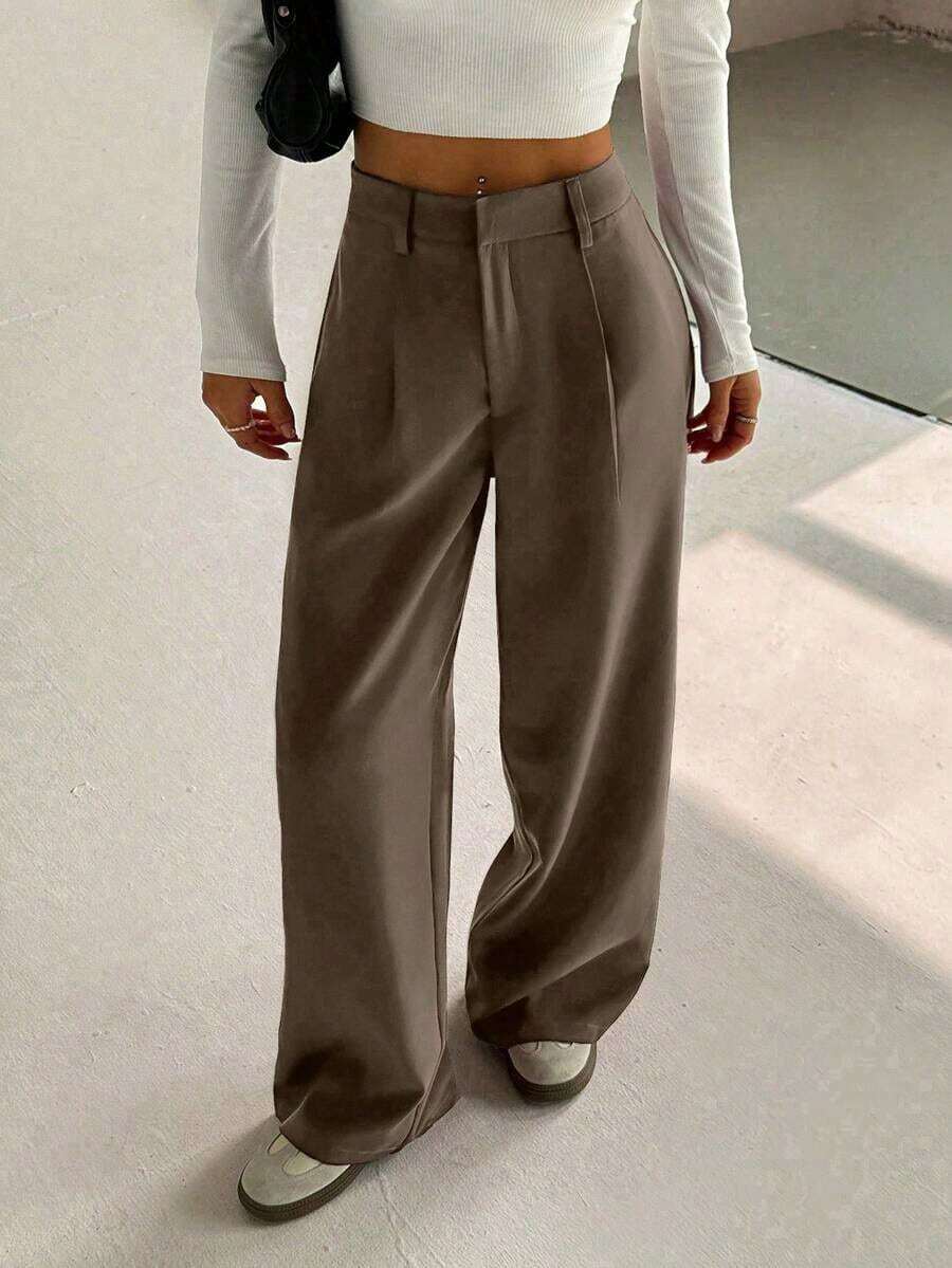 Pantalones anchos casuales elegantes y estilizadores de alta gama para mujer - Marrón - Ver 1
