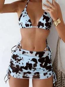 DeepOcean Swim Cow Print 3 Piece Bikini Set Women, Halter Cup Tie Side Swimsuit With Mesh Sarong Skirt, Summer Beach Vacation Bathing Suit 6ZO0 - Baby Blue - View 10