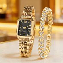 SOKI Reloj de mujer de moda retro con esfera cuadrada de cuarzo, con conjunto de pulsera, accionamiento electrónico y pantalla de puntero, adecuado para uso diario, regreso a la escuela, verificación de la hora, regalo de cumpleaños, también una opción ideal para amigos - Dorado - Ver 4