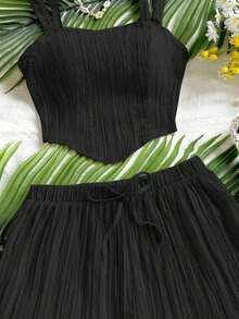 Conjunto de 2 piezas de camiseta sin mangas y pantalones cortos de unicolor casual para vacaciones de mujer - Negro - Ver 5
