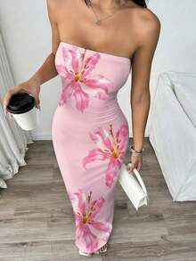Vestido midi ajustado bandeau con estampado floral, estilo de vacaciones en la playa para mujer - Multicolor 7 - Ver 1