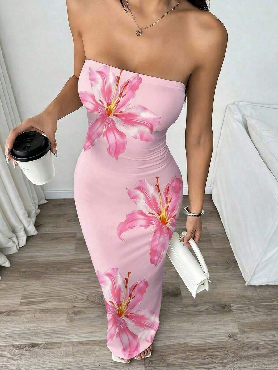 Vestido midi ajustado bandeau con estampado floral, estilo de vacaciones en la playa para mujer - Multicolor 7 - Ver 1