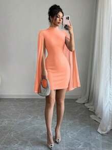 Vestido de capa ajustada con cuello mao de unicolor - Naranja - Ver 8
