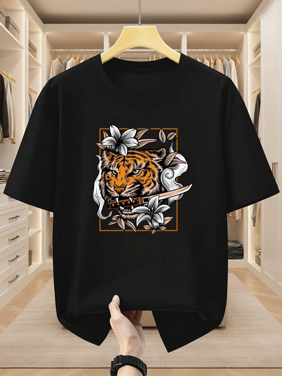 Camiseta de Hombre Talla Grande 100% Cabeza de Tigre con Cuchillo y Diseño de Flores Blancas, Camiseta de Moda de Manga Corta, Cómoda y Casual para el Verano