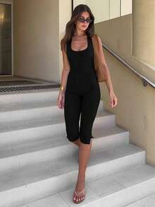 Ropa de mujer base de color sólido para adelgazar, deportes y ocio, cuello Colgante y pantalones medianos - Negro - Ver 2