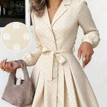 PariChic Women's Elegant Coffee-Colored Long-Sleeved Dress With A Romantic All-Over Rose Print, Featuring A Bow Belt, Front Buttons, And A Stylish Design Suitable For Autumn/Winter, Spring/Summer, Vacations, Valentine's Day Dates, Birthdays, A-Line Silhouettes, And Cute, Romantic Puff-Sleeved Short Dress - Café - Ver 10
