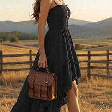 Bohemian Style Casual Vacation Front Short Back Long Cinched Waist Women's Mid-Length Dress - Negro - Ver 6
