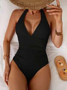 Traje de baño de una pieza con control de abdomen, estilo minimalista de unicolor, con escote halter y espalda descubierta, para vacaciones de verano en la playa - Negro - Ver 5