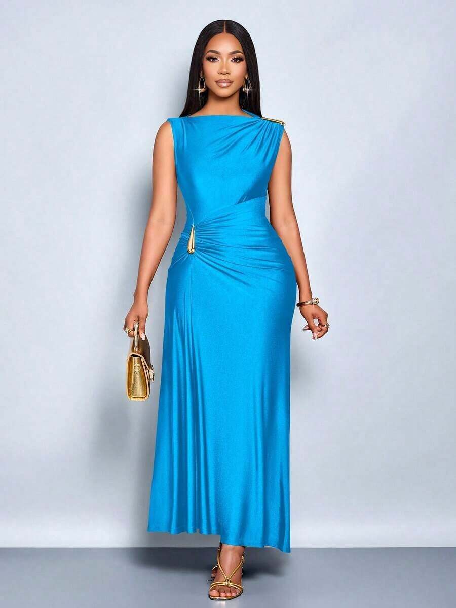 Vestido elegante de mujer con decoración de metal de unicolor, ajuste delgado, adecuado para el uso diario, compras, fiestas y reuniones - Azul - Ver 1