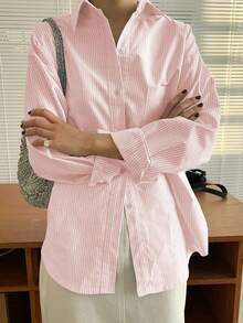 Camisa de manga larga con bolsillo y hombros caídos a rayas verticales, ropa de otoño - Rosa - Ver 5
