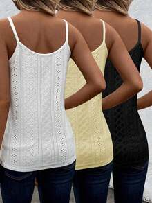 3 piezas Camiseta de mujer de verano casual con encaje calado y textura de punto, top de verano para mujer, top de verano bohemio, top de verano para mujer, top de verano con cuello en V, top de encaje para mujer - Multicolor 4 - Ver 2