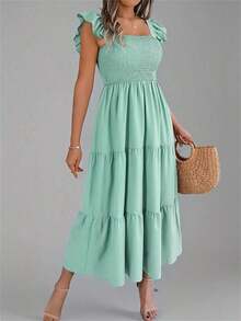 Nuevo vestido midi de unicolor con cuello cuadrado, casual, con espalda descubierta, volantes y sin mangas, color caqui, elegante para primavera/verano - verde menta - Ver 5