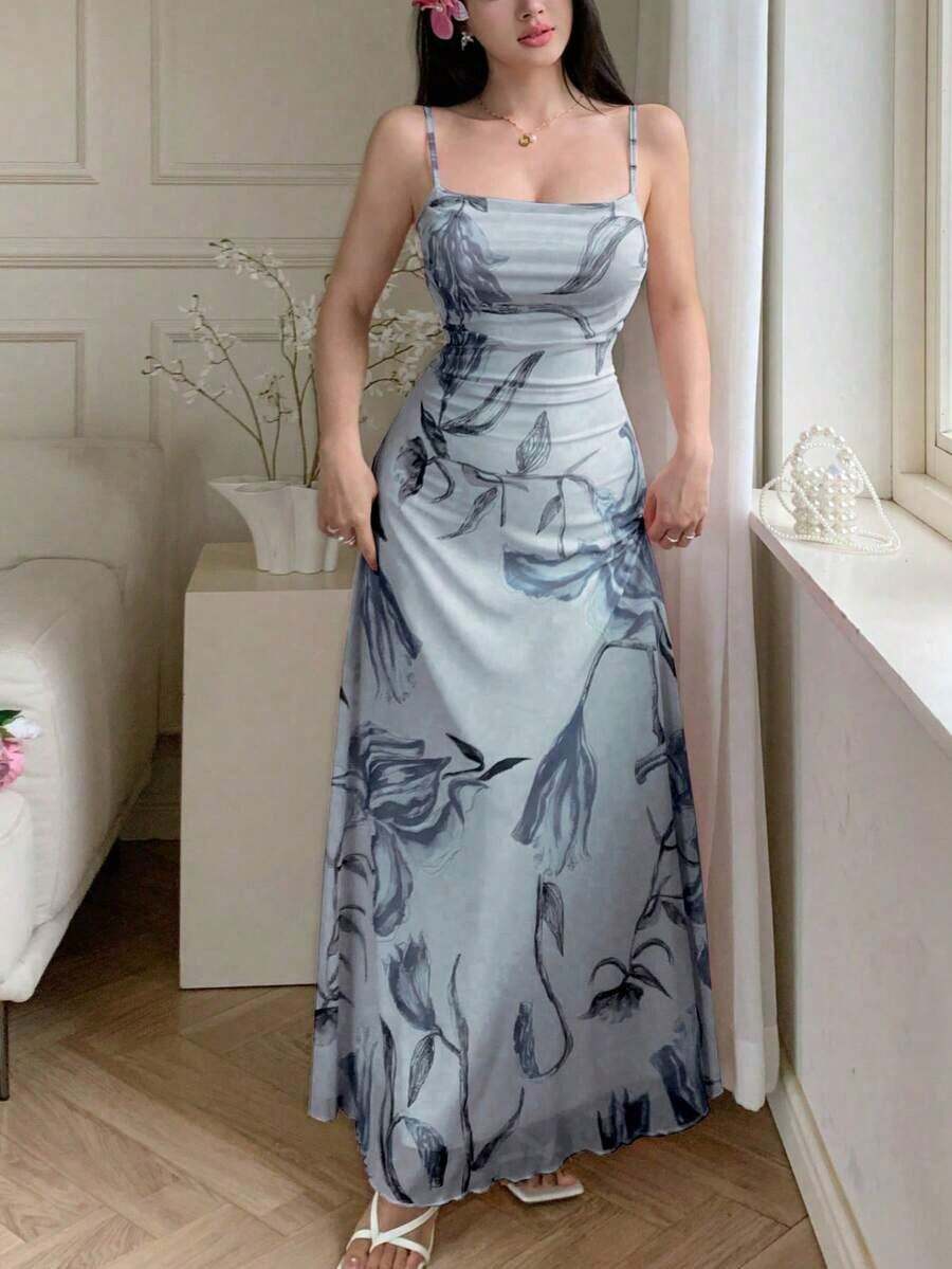 Vestido de verano casual de tirantes con cuello drapeado, cintura fruncida y estampado de malla para mujer - Celeste - Ver 1