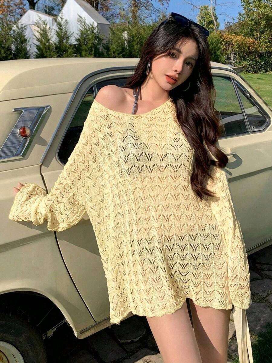 Cubrecuerpo de punto calado con hombros caídos para mujer, transparente y veraniego - Amarillo - Ver 1