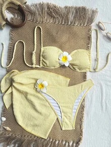 Swim Vcay Conjunto de bikini de 3 piezas con textura de tela, decoración floral, espalda descubierta, lazo, sexy y dulce, de estilo casual en color crema y amarillo, adecuado para la playa y vacaciones - Amarillo 2 - Ver 5
