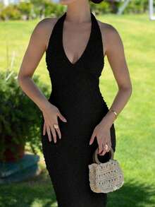 Nuevo vestido largo elegante y romántico de Día de San Valentín ajustado con cuello en V y costillas, color albaricoque, ajuste para verano - Negro - Ver 3
