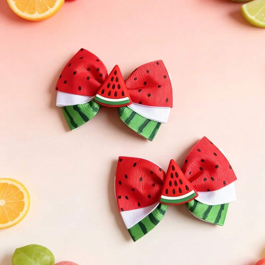 2 piezas Clips para el cabello con decoración de fiesta de cumpleaños de verano con lazo de tela de patchwork con estampado de sandía