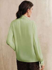 Blusa elegante y chic de cuello alto, manga larga y puños con lazo para uso diario - verde menta - Ver 3
