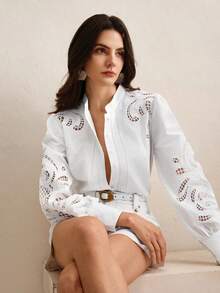 Camisa blanca de manga larga holgada con bordado calado, para salir, primavera - Blanco - Ver 4
