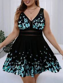 Swim Lushoire Conjunto de tankini de 2 piezas para mujer talla grande con estampado floral, cuello en V y control de abdomen para el verano - Negro 2 - Ver 1