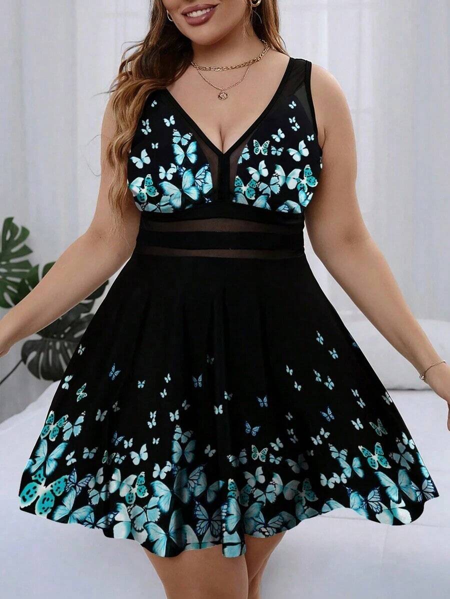 Swim Lushoire Conjunto de tankini de 2 piezas para mujer talla grande con estampado floral, cuello en V y control de abdomen para el verano - Negro 2 - Ver 1