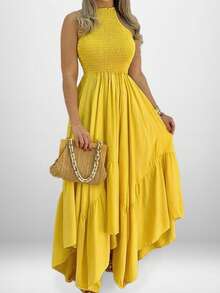 Vestido largo unicolor primavera falda amplia elegante estilo europeo de moda para mujer - Amarillo - Ver 1